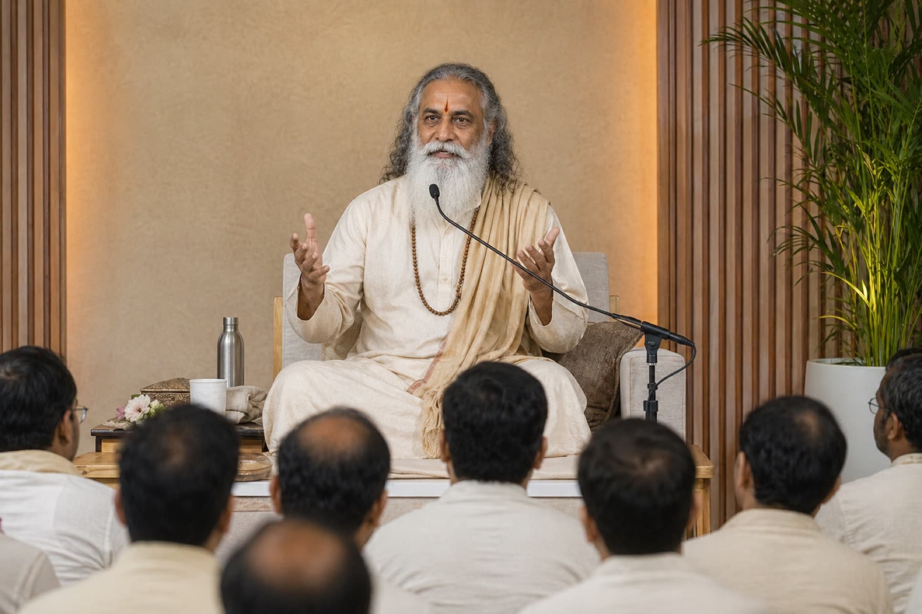Swami Parashar in saffron-cream robes, seated in quiet contemplation.