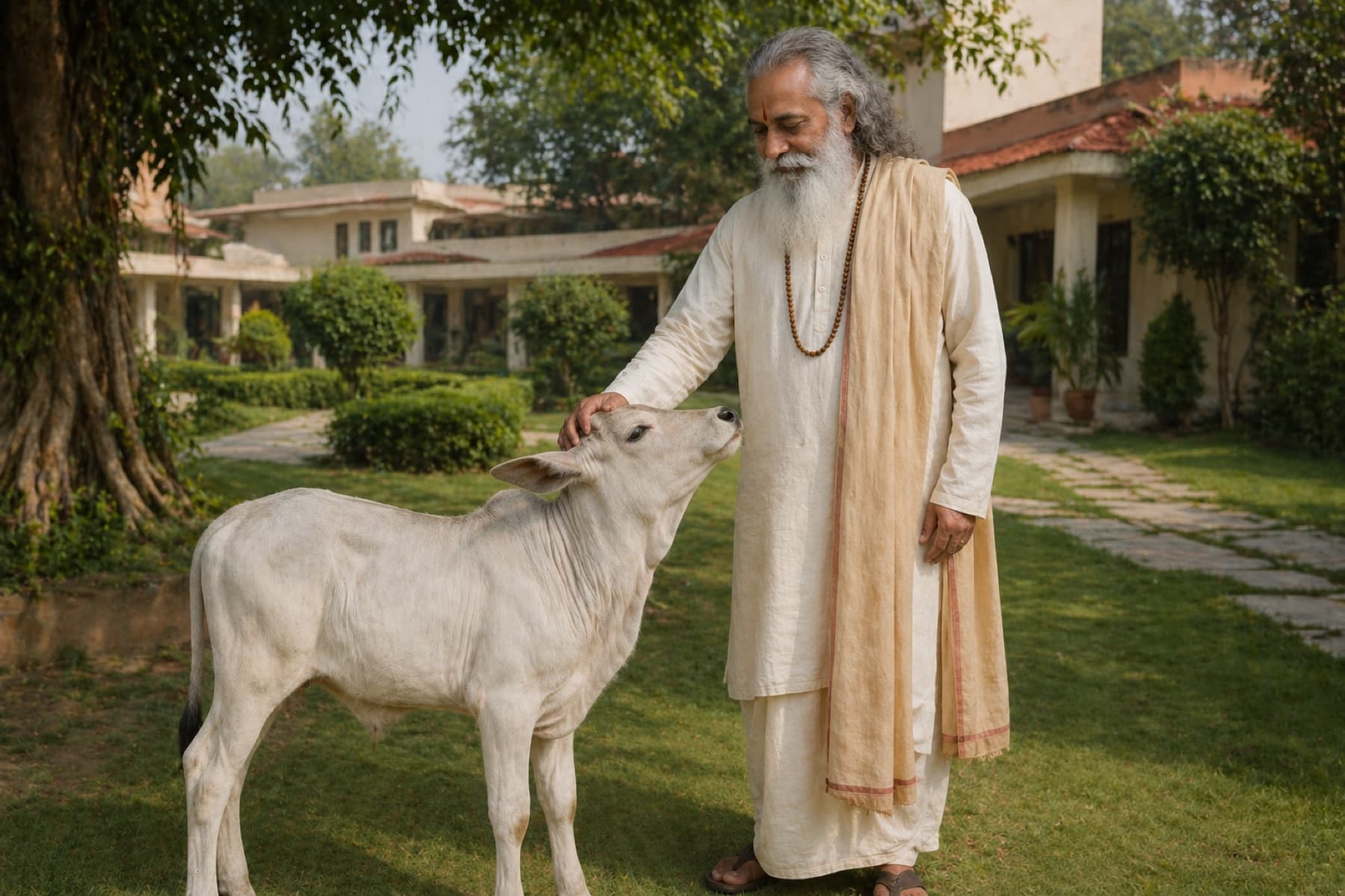 Swami Parashar in saffron-cream robes, seated in quiet contemplation.