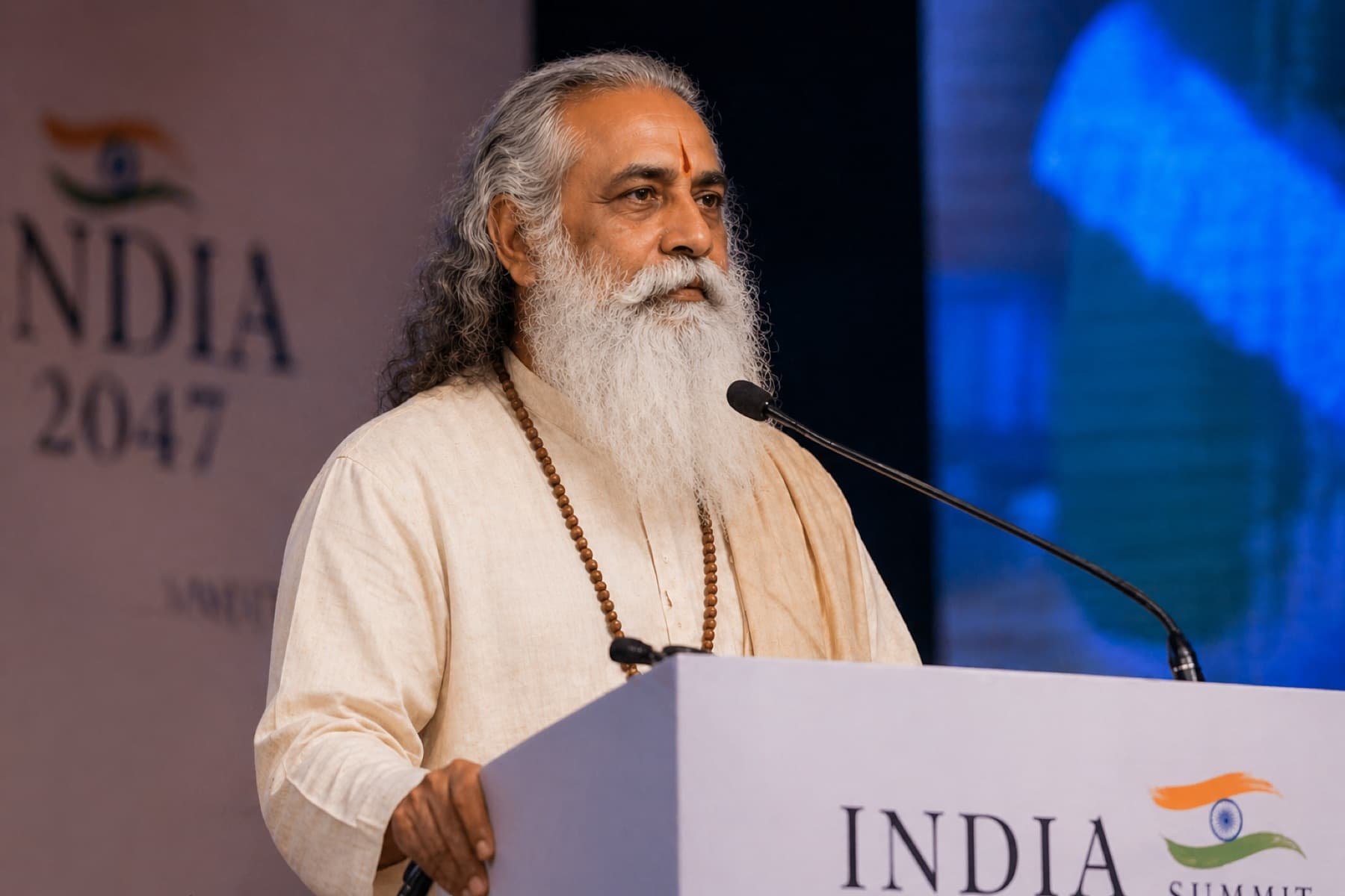 Swami Parashar in saffron-cream robes, seated in quiet contemplation.